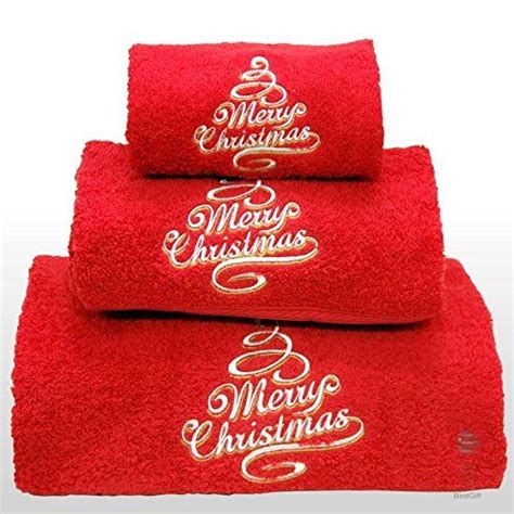 Bgeurope Xmas Set Of 3 Embroidered Red Bath Towels Ref Merry