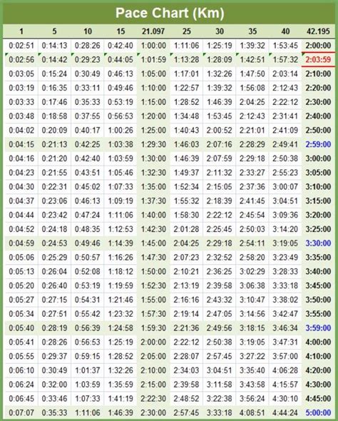 Marathon Time Pace Chart