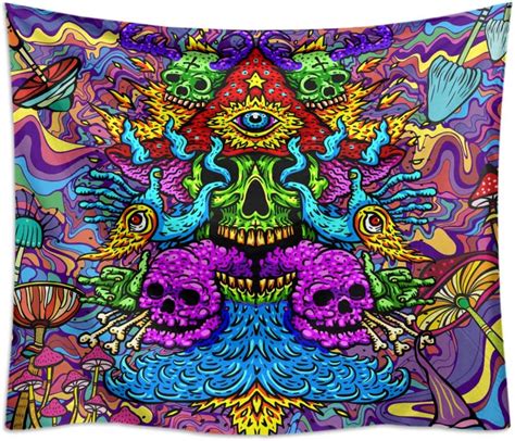 Colorpapa Trippy Tapestry Psychedelic Arabesque Skull Mushroom Tapestry