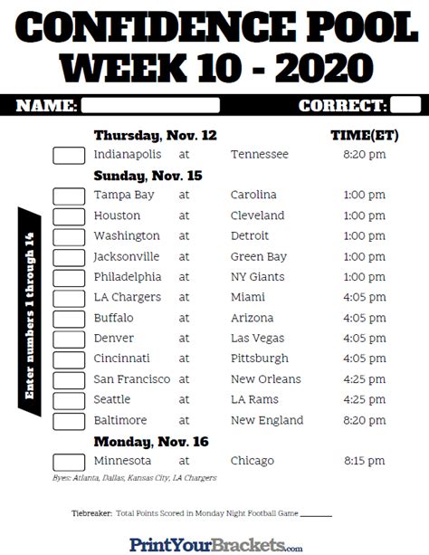 Nfl Week 10 Printable Schedule Printable Schedule