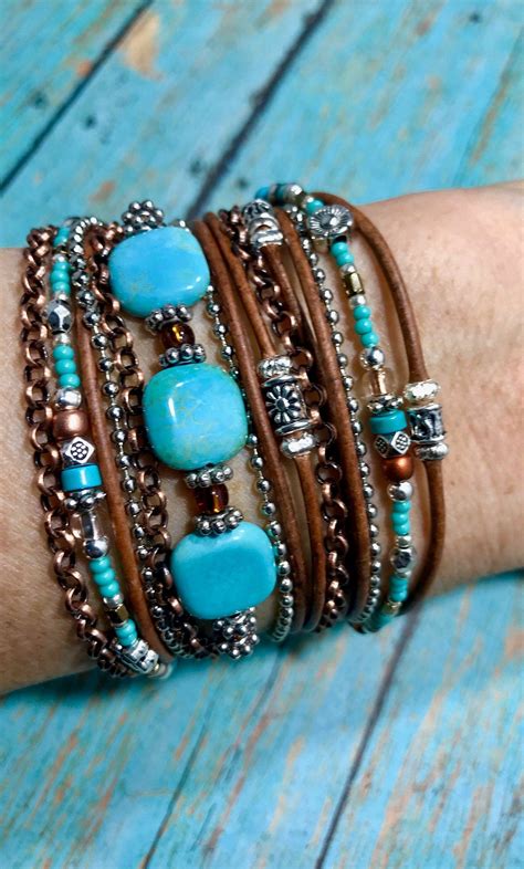 Turquoise Leather Wrap Bracelet Boho Style Mermaid Blue