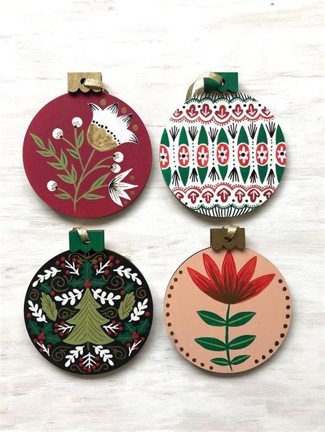 Hand Painted Folk Art Floral Wood Christmas Ornaments With Acrylic