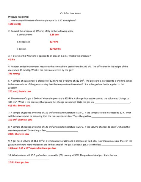 Use your knowledge of the ideal and combined gas laws to solve the following problems. Gas Law Review Sheet Answers
