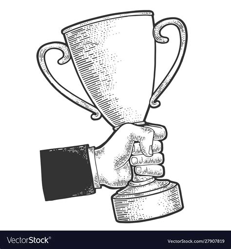 Trophy Cup Prize In Hand Sketch Engraving Vector Image