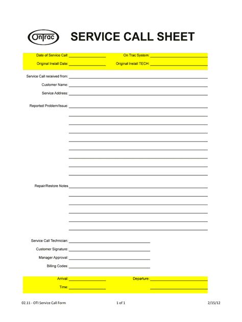 Ontrac Service Call Sheet 2012 Fill And Sign Printable Template