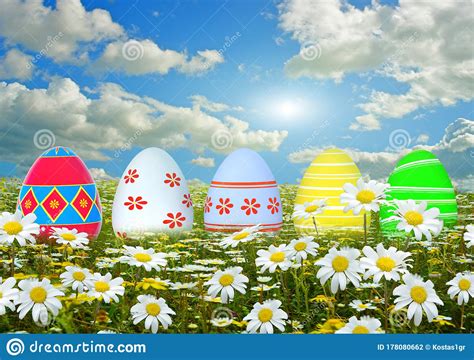 Eggs On The Grass And Daisies Easter Background And Cloudy Blue Sky