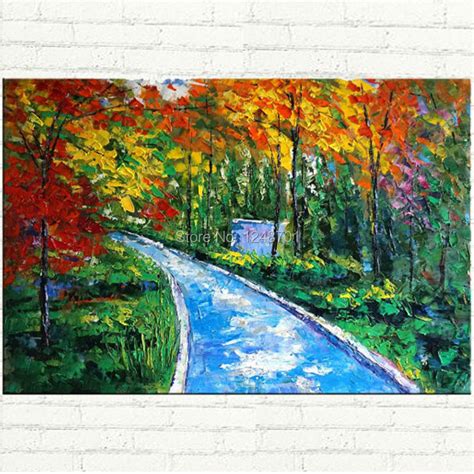 Hand Painted Autumn Forest Road Scenery Oil Painting Modern Abstract