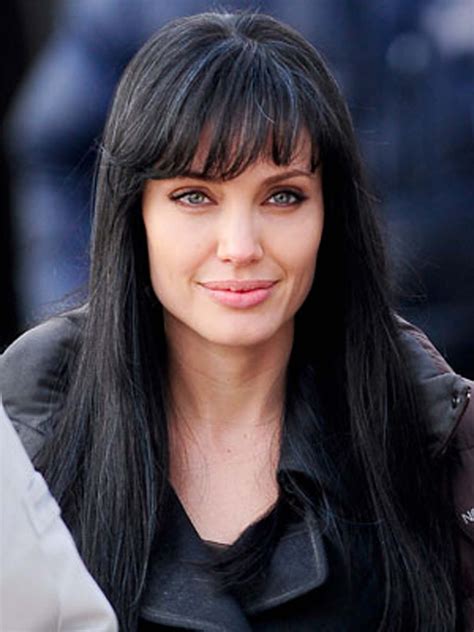 The dress is both too light and too cool for her skin, and the styling just generally gives off a look of hot mess. Angelina Jolie Style with Black Hairstyle and Blunt Bangs ...