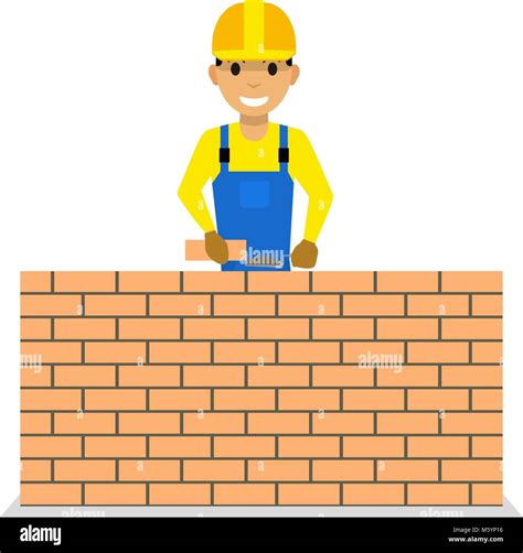 Vector Cartoon Bricklayer Is Building A Brick Wall Stock Vector Image