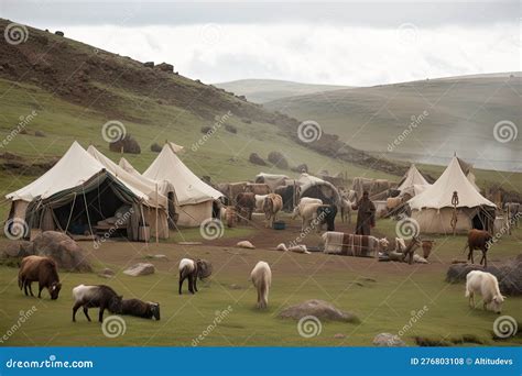 Nomadic Tribe Setting Up Camp With Tents And Livestock Stock Photo