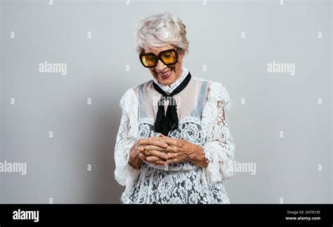 Beautiful And Elegant Old Influencer Woman Cool Grandmother Posing In