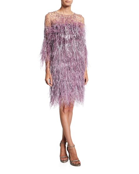 Pamella Roland Crystal Sequined Feather Cocktail Dress Neiman Marcus