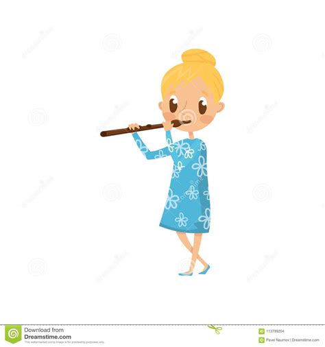 Cute Girl Playing Flute Little Musician Character With Musical