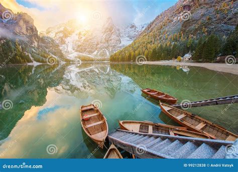 Fantastic Autumn Landscape With Boats On The Lake With Sunrise O Stock