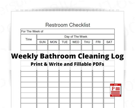 Weekly Bathroom Cleaning Log Printable And Fillable Pdf Etsy Australia