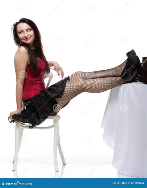 showgirl woman in red corset chair white isolated stock image image of adult happy 23610883