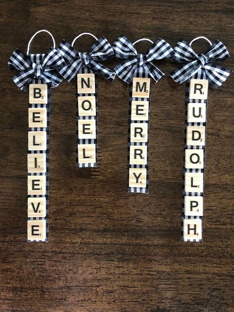 Personalized Scrabble Tile Christmas Ornaments Black And White Check