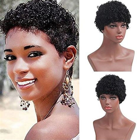 Women Short Afro Curly Black Wigs Pixie Cut Human Hair Wig For African