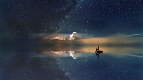Starry Sky Boat Reflection Sail Night Picture Photo Desktop