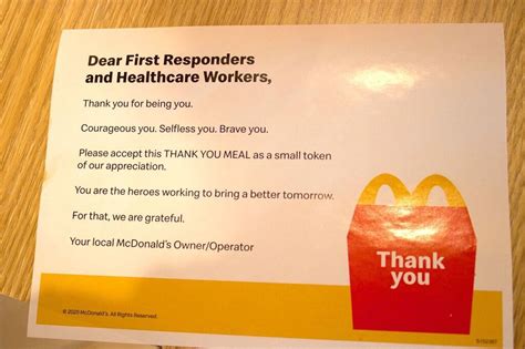 All you would need is a valid id for proof and is limited to one meal per day. McDonald's offers healthcare workers, first responders ...