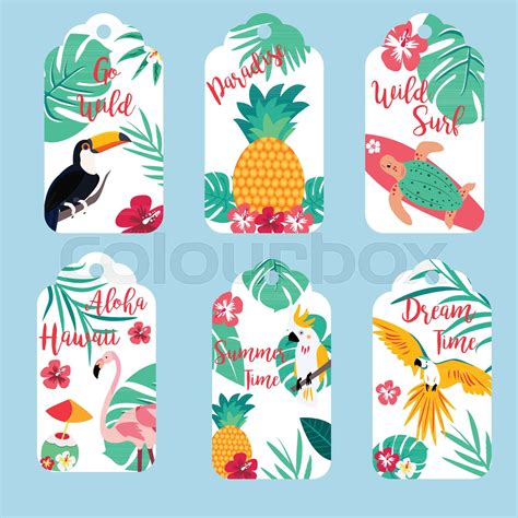 tropical hawaiian tags with toucan flamingo parrots and pineapple stock vector colourbox