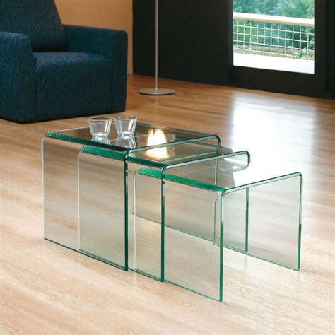GLASS NEST OF 3 SIDE TABLES COFFEE SET CURVED END LIVING BENT TABLE