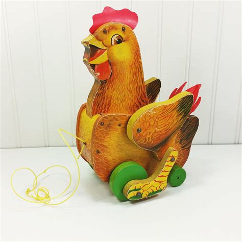 Fisher Price Cackling Hen 123 Pull Toy 1968 Wooden Chicken Etsy