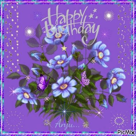 Animated Happy Birthday Glitter Purple Blue Flowers Butterflies