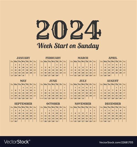 2024 Year Vintage Calendar Weeks Start On Sunday Vector Image