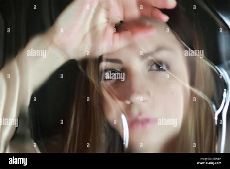 Girl Face Behind Glass Stock Photo Alamy