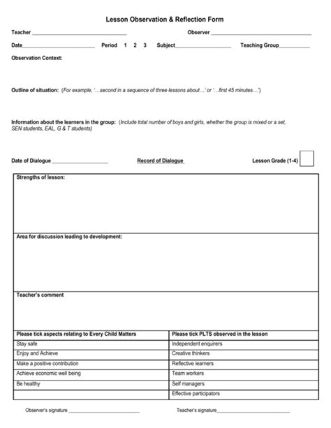 Lesson Observation And Reflection Form