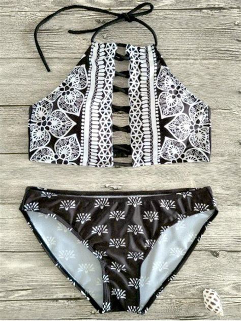 19 Off 2021 Patterned Halter Lace Up Bikini In White And Black Zaful