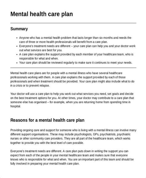 Mental Health Care Plan Template 9 Free Sample Example Format Download