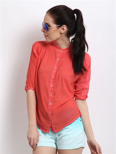 Roadster-Women-Orange-Rebel-washed-Shirt_ Ladies Tops and Shirts By