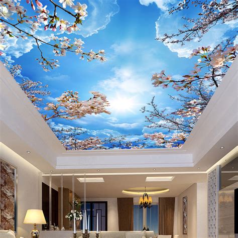 Buy Wall Mural Painting Blue Sky White Clouds Peach Blossom Ceiling