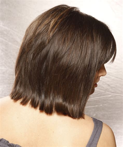 Medium Straight Layered Dark Brunette Bob Haircut With Side Swept Bangs