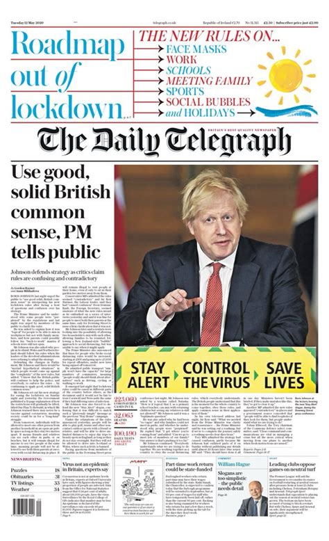 Tuesday 12th May 2020 The Daily Telegraph Newspaper Headlines