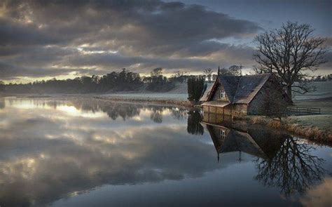 Nature Landscape Frost Morning Cottage Clouds Trees Water Lake