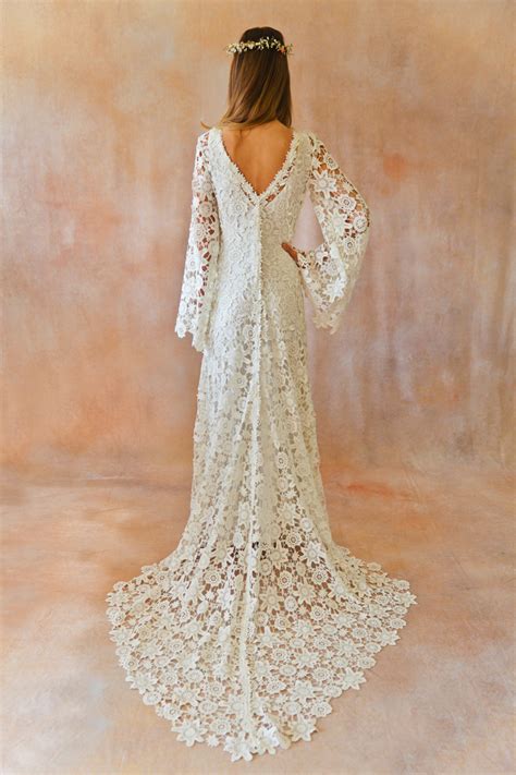 Boho Crochet Style Lace Gown With Bell Sleeves Dreamers And Lovers