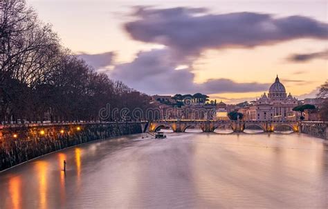 St Peter S Cathedral And Tiber River At Evening In Rome Stock Image