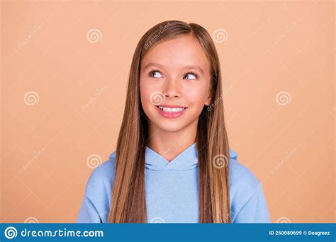 Photo Of Cheerful Minded Adorable Girl Beaming Smile Look Interested