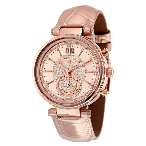 Rose gold stainless steel bracelet with deployant closure. Michael Kors Sawyer Rose Gold Crystal Pave Dial Leather ...