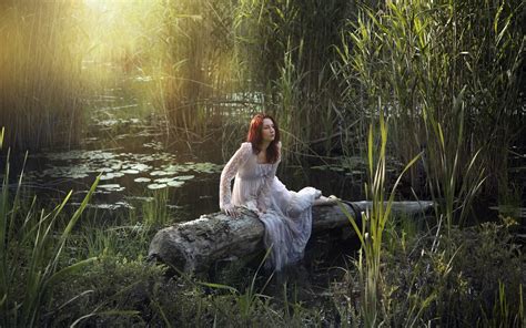 Women Outdoors Model Women Redhead Fantasy Girl Nature Dress Plants Water Wood