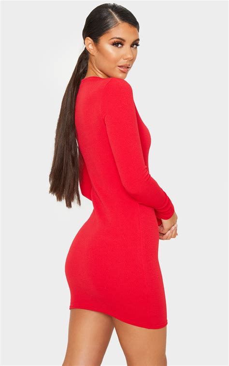 Red Long Sleeve Bodycon Dress Prettylittlething Aus