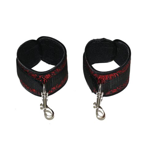Red Satin Fabric Bondage Handcuffs And Blindfold Sex Bed Restraints