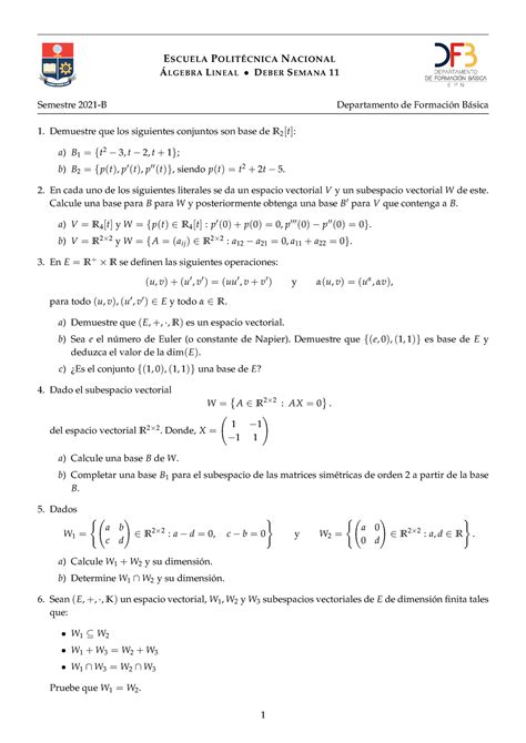 Algebra Ejercicios 18 EscuelapolitÉcnicanacional Álgebralineal • Debersemana 11 Semestre