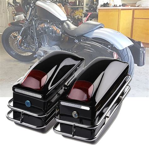 Pair Black Motorcycle Cruiser Hard Trunk Saddlebags Luggage W Lights