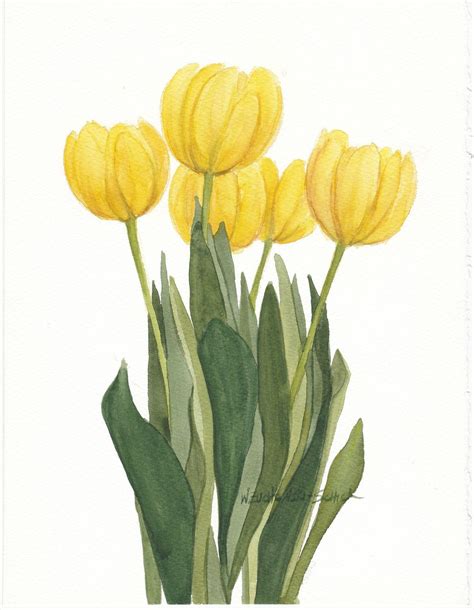 Yellow Tulip Bunch Original Watercolor Etsy Watercolor Flowers