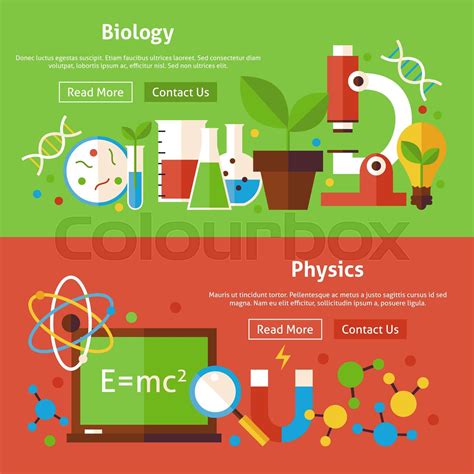 Biology And Physics Science Flat Website Banners Set Stock Vector