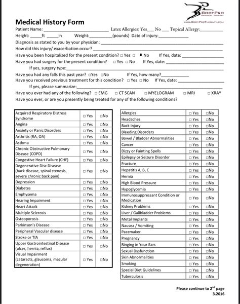 Medical History Form Page 1